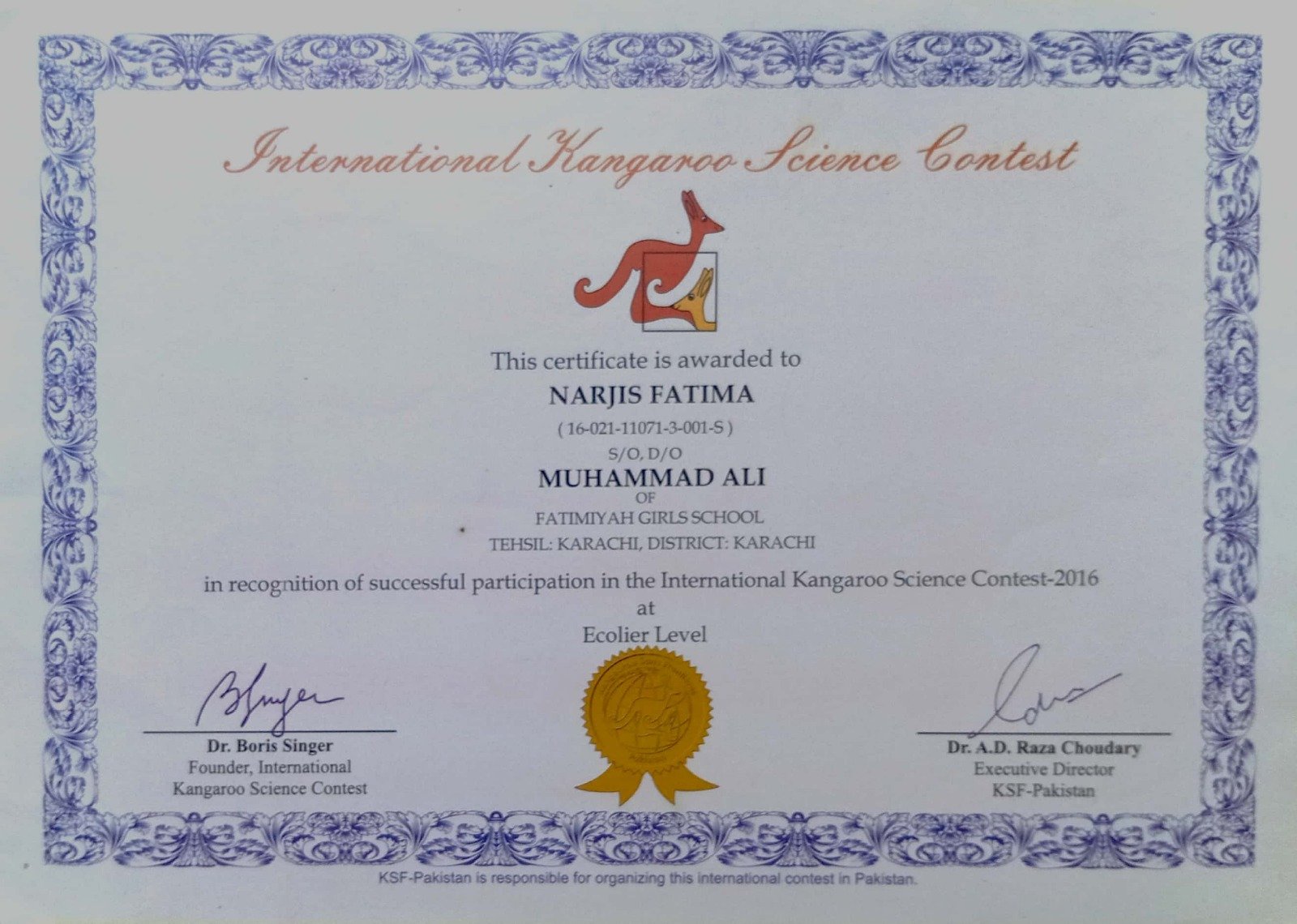 International Kangaroo Science Contest Certificate