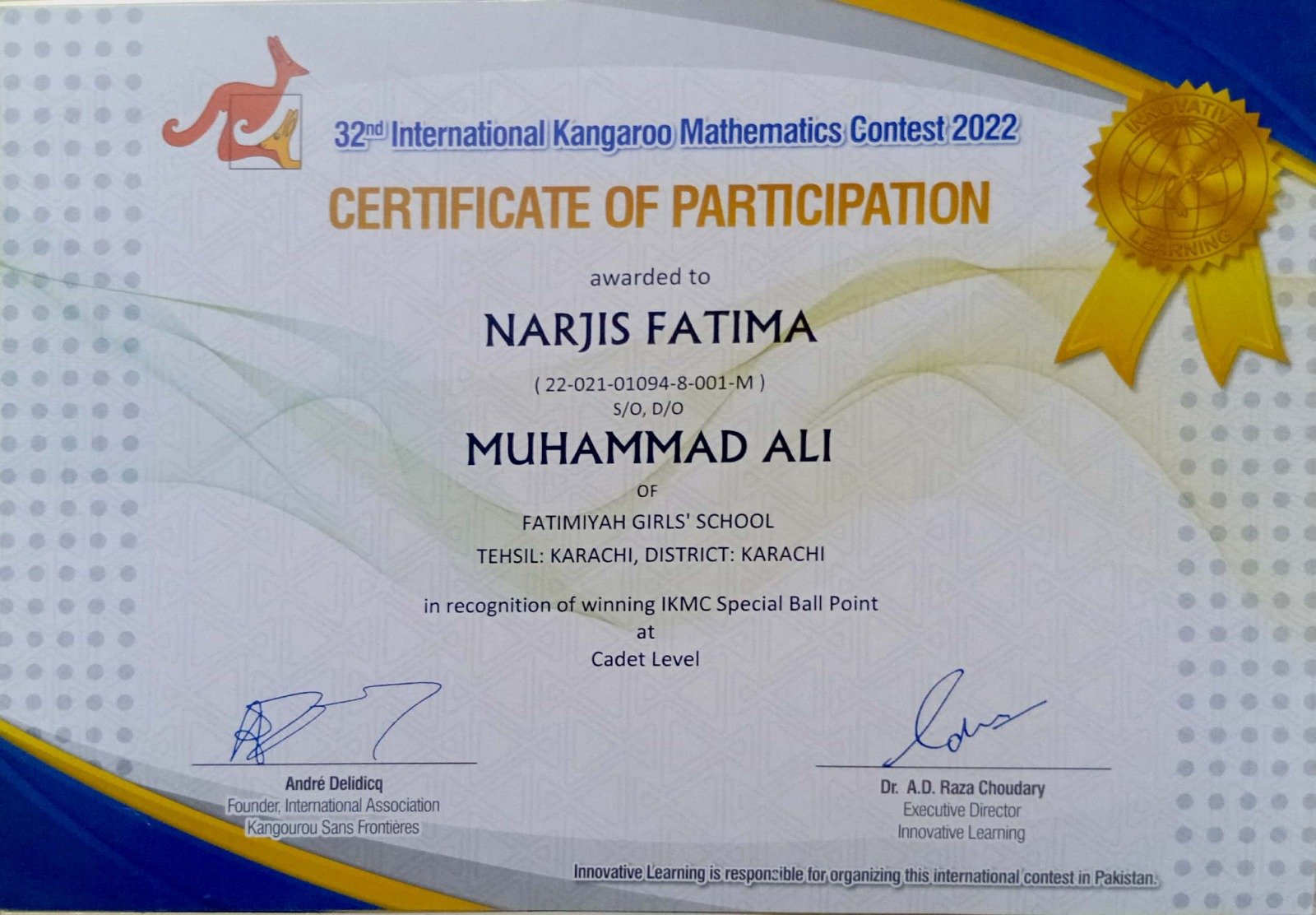 International Kangaroo Science Contest Certificate