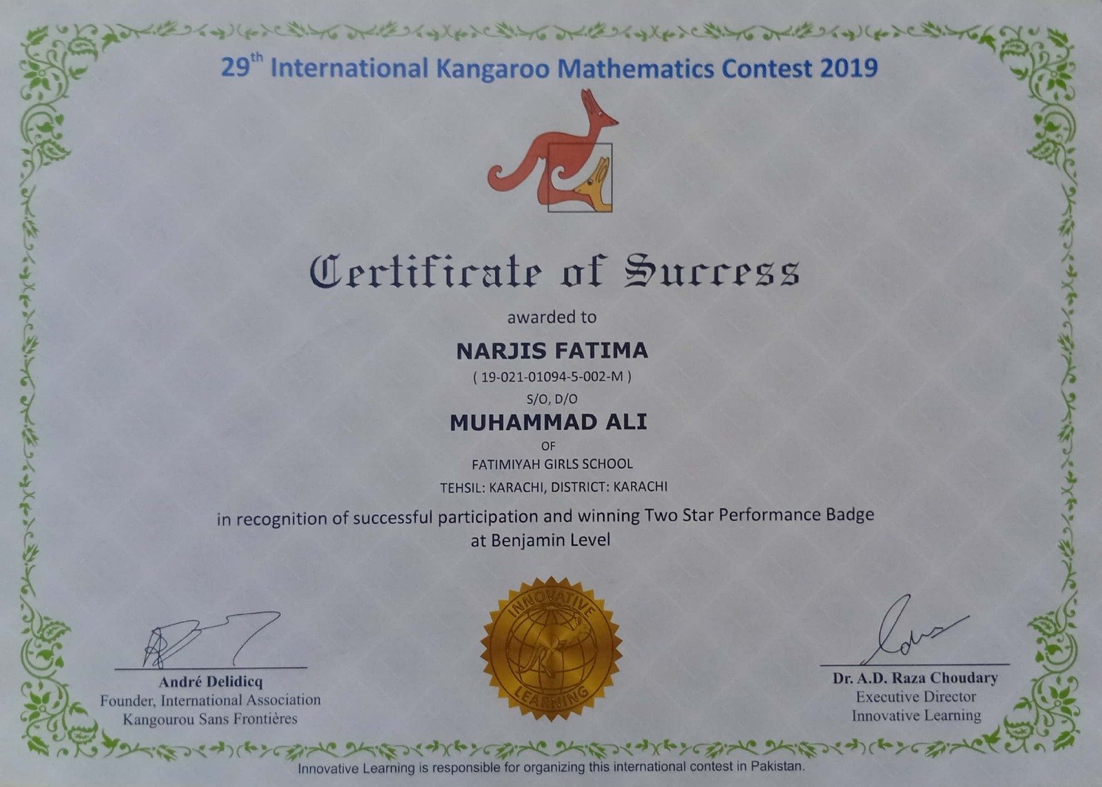International Kangaroo Science Contest Certificate